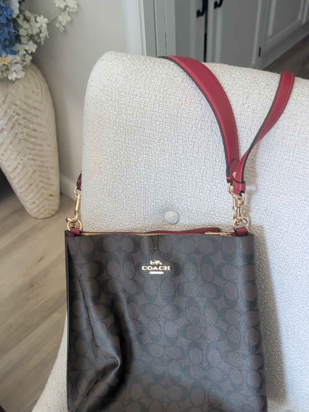 Coach Brown Signature Shoulder Bag with Red Strap